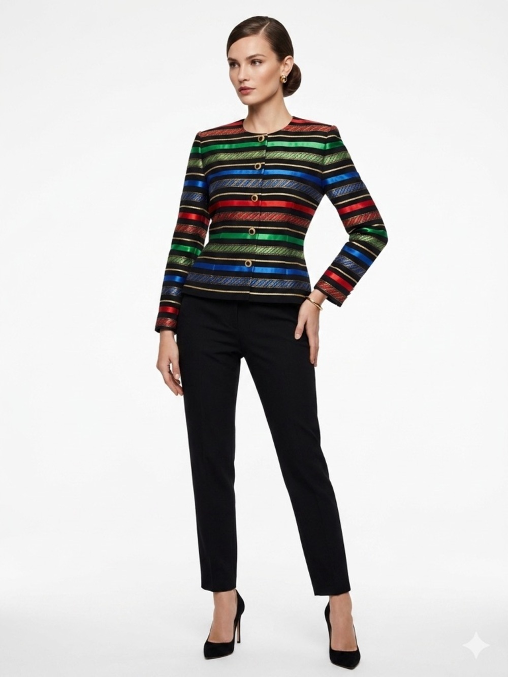 Maggy London Striped Jacket Size 4 Vintage Style Multicolor Gold Button